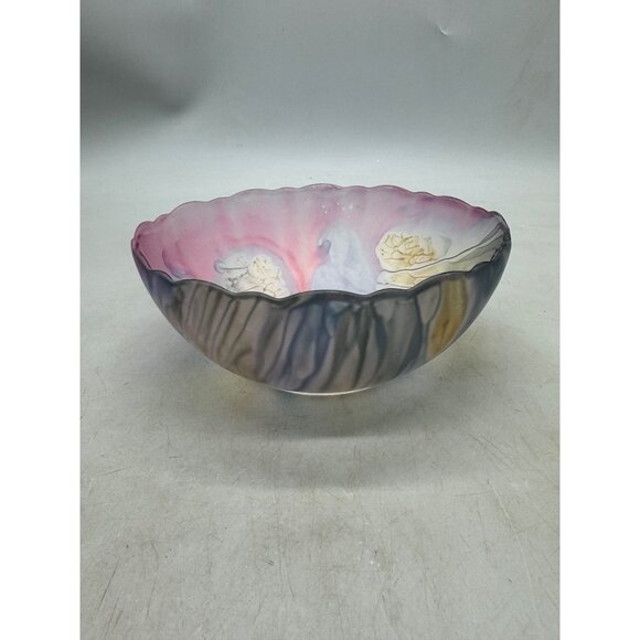 Rueven glass Hand-Painted Ruweven Art Glass Bowl scalloped pink 7x2.75" READ - Picture 4 of 7